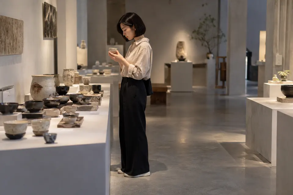 年轻女性在茶器展览现场端详陶瓷茶具