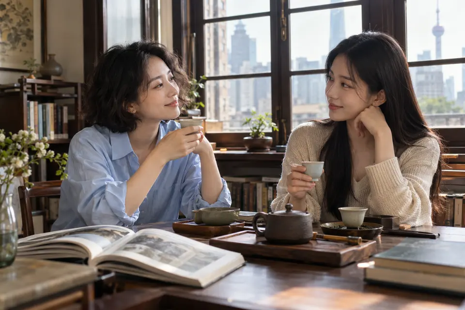 茶席旁阅读与交流的年轻女性
