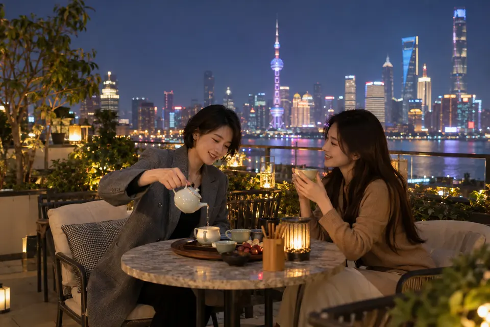 屋顶露台上朋友夜间倒茶交流